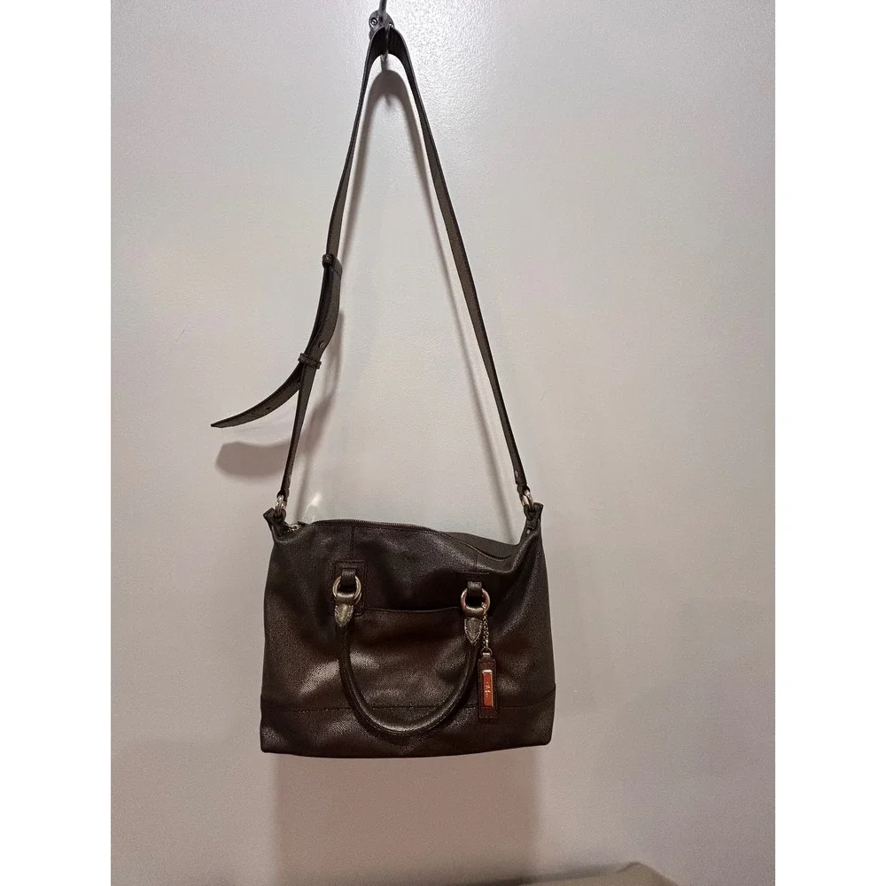 Cole Haan Metallic Shimmer Leather Satchel Crossbody Bag Brown Gold